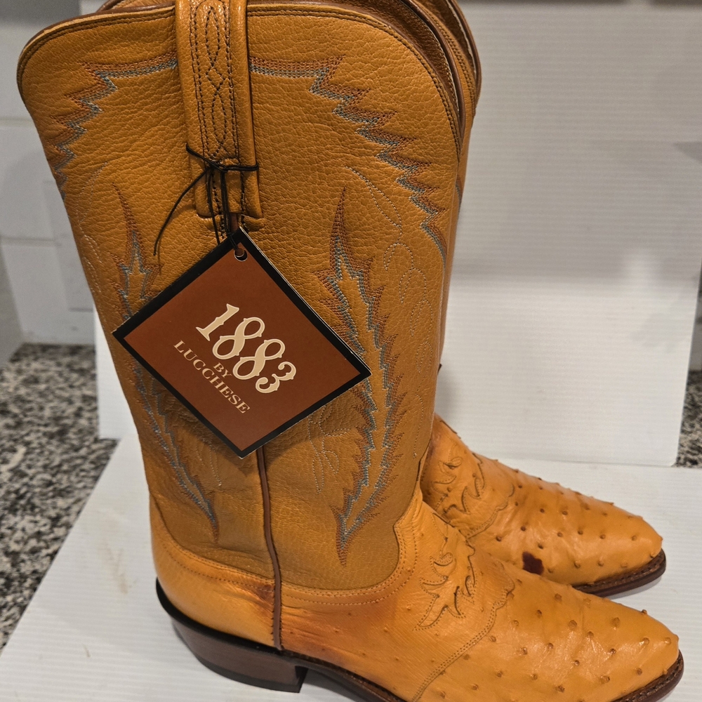 Brand New Lucchese Tan Western Boots with Ostrich Leather and Pointed Toe.